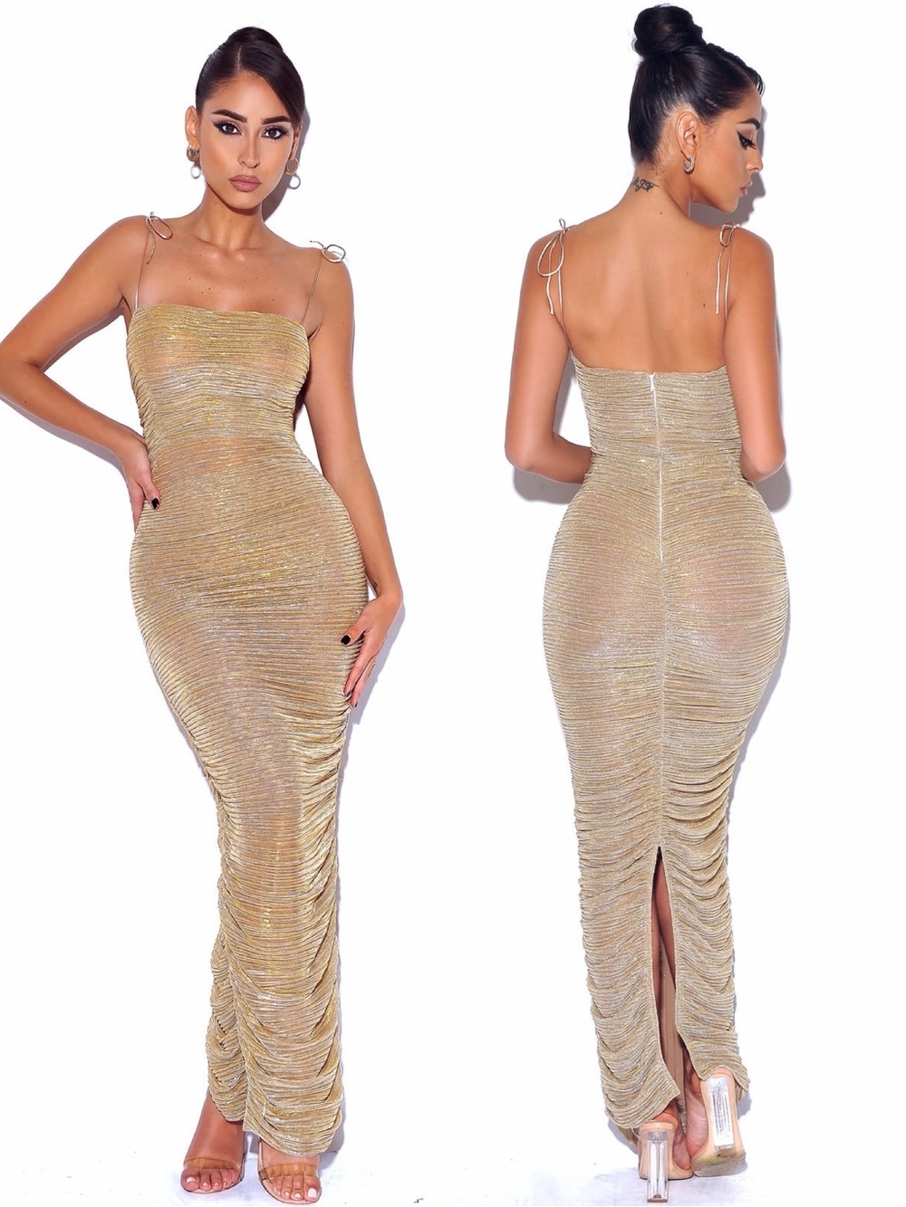 NWT Miss Circle The Glint Gold Ruched
Chiffon Long Maxi Dress